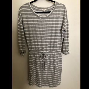 Grey and white striped 3/4 sleeve dress, small